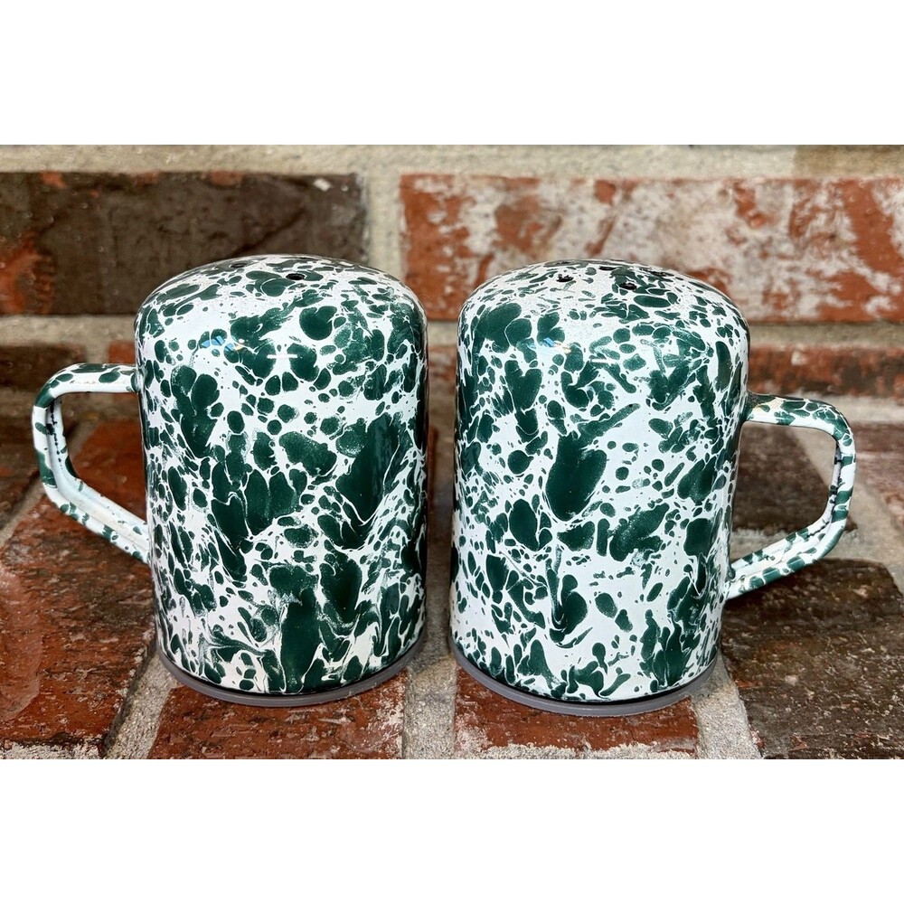Vintage Green White Splatter Enamelware Salt Pepper Shakers Set